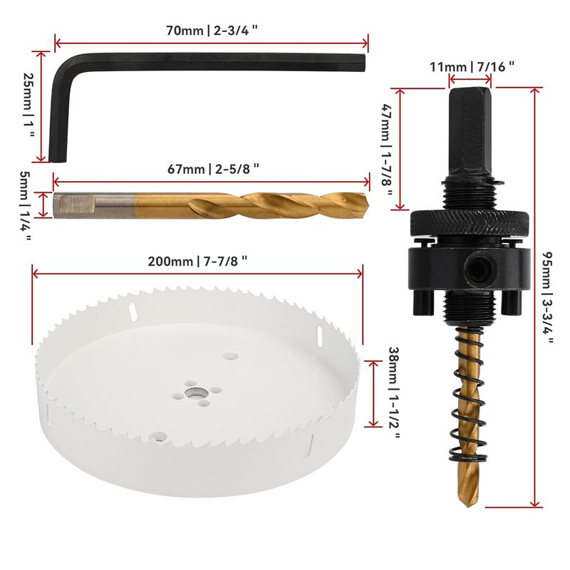 Mollom (200mm | 7-7/8") HSS M42 with 8% Cobalt BI-Metal Hole Saw with 2 Pilot Drill Bits & Arbor Smooth Cutting for PVC,Drywall,Wood,Plastic,Gypsum Board,Rubber - Image 2